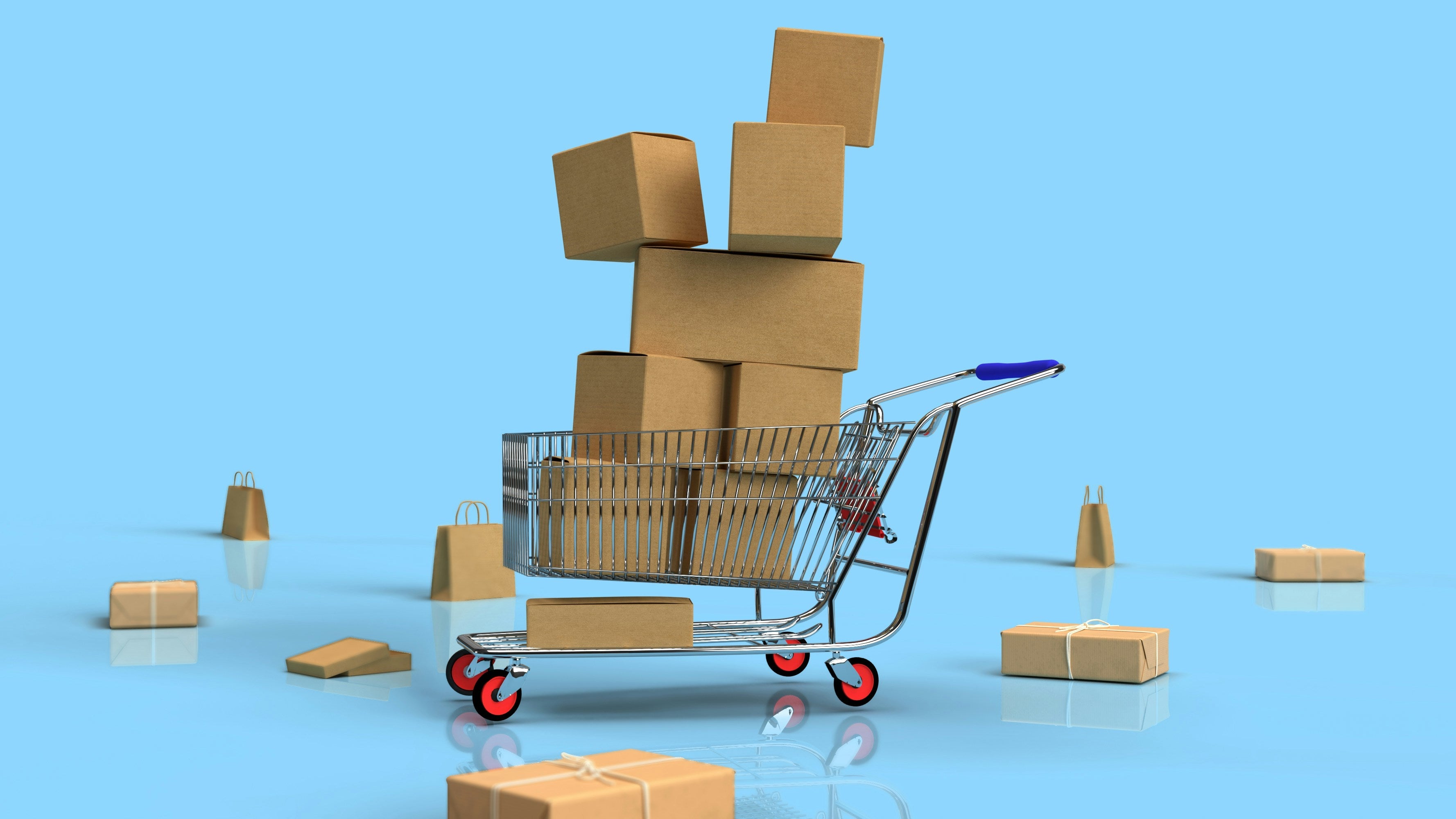 Shopping cart loaded with delivery boxes supporting a platform comparison for stores scaling operations