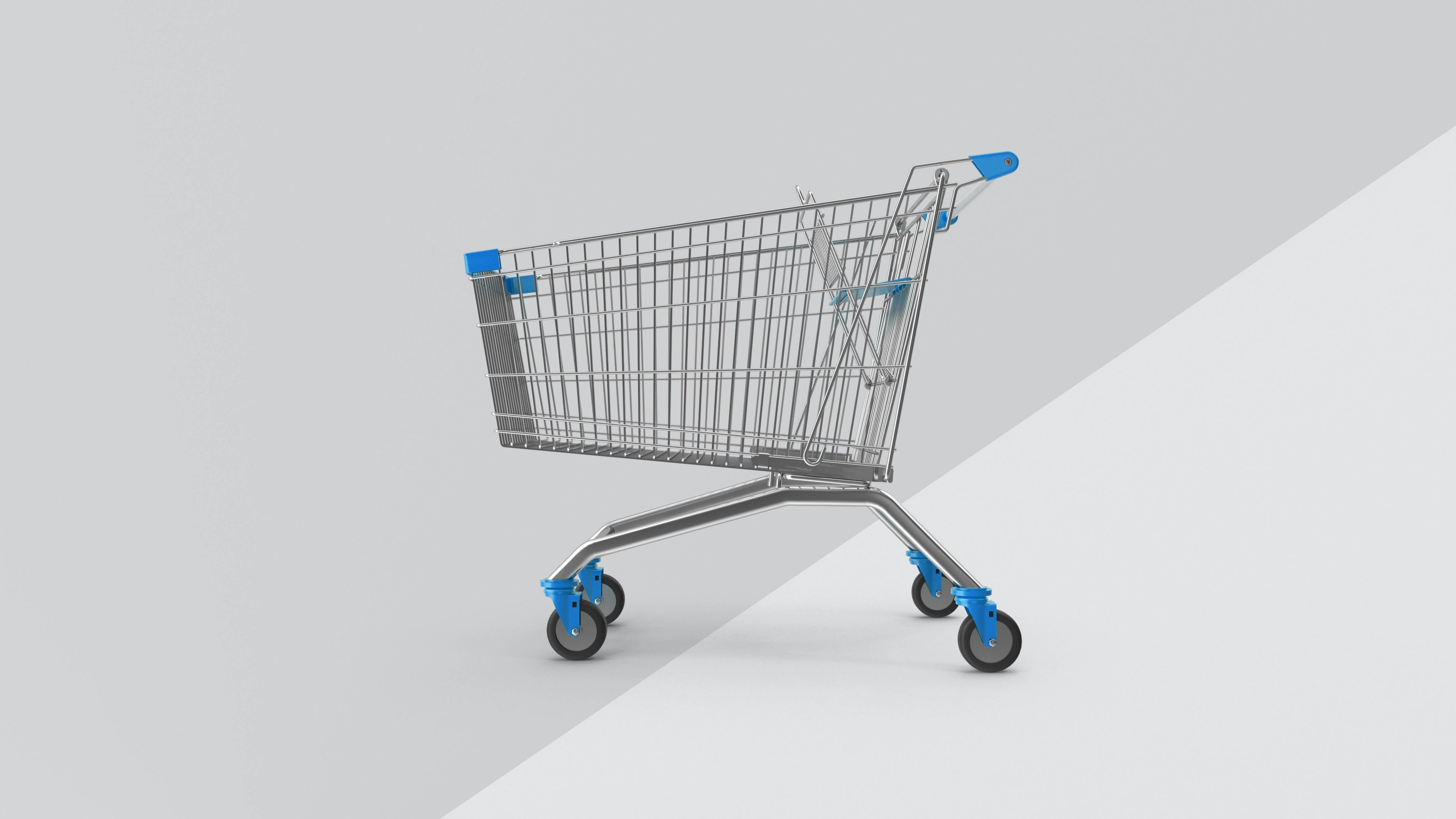 Empty metal shopping cart with clean blue accents supporting long-term ownership and complexity tradeoffs