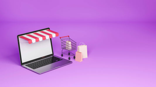 Online shopping on a laptop with cart and bags supporting ease of use versus long-term scalability in platform selection