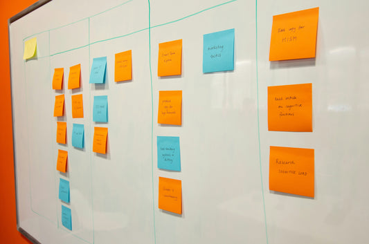 SEO planning board with sticky notes supporting Shopify site structure and organic visibility