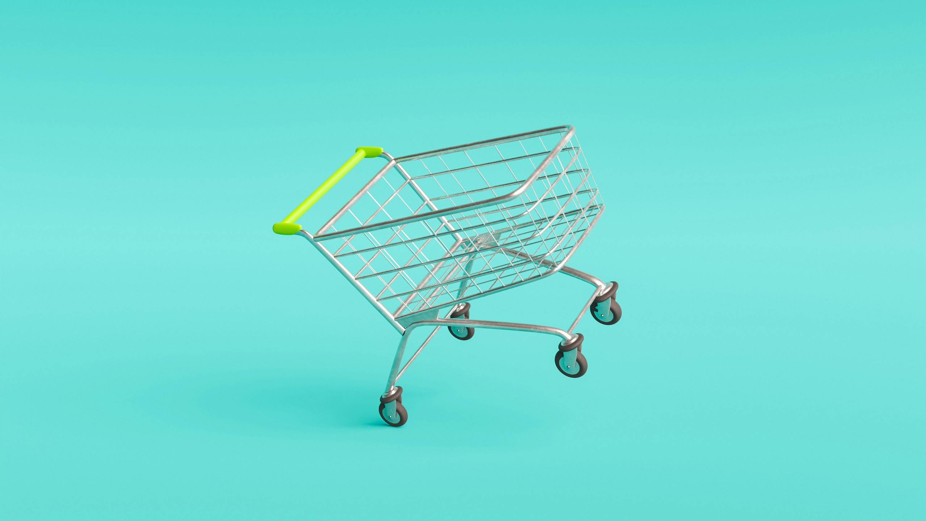 Minimal shopping cart on a turquoise background supporting operational simplicity versus complexity in platform choice